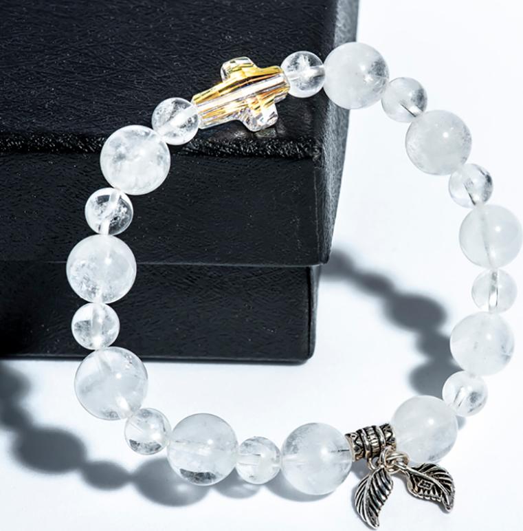 Vòng Chuỗi Mân Côi thạch anh ưu linh trắng 10mm mix Thánh Giá pha lê - VIETGEMSTONES