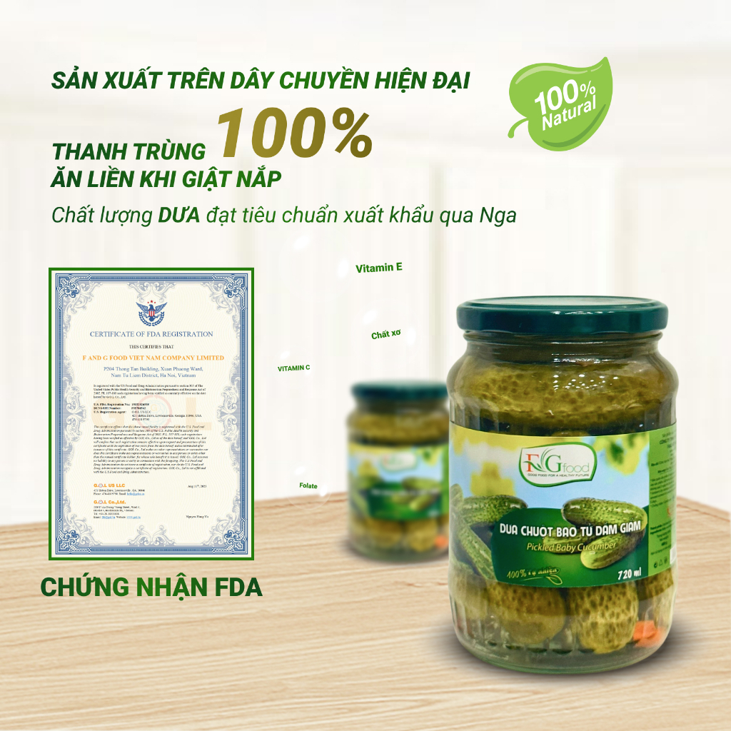 Dưa Chuột Bao Tử Ngâm F&amp;G Food Size 6-9, Hũ Lớn 720gr Ăn Kèm Thịt Nướng, Làm Gỏi Trộn