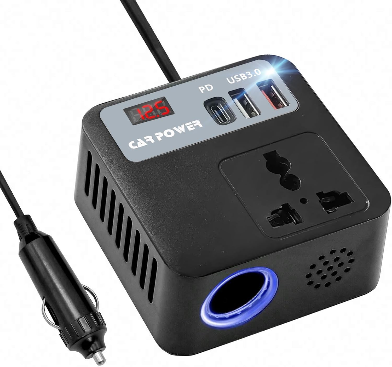 Bộ Chuyển Đổi, Biến Tần Đa Năng 12V/24V Sang 110V/220V Cho Xe hơi, Ô tô. 1 Type C - 2 cổng USB có sạc nhanh QC3.0, Bật Lửa