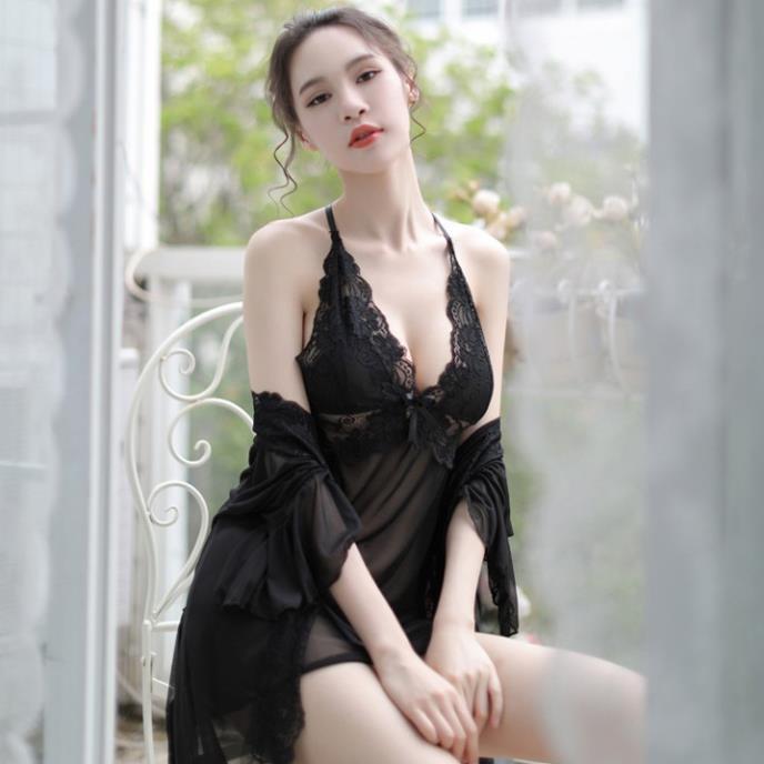 Váy ngủ xuyên thấu chéo lưng phối ren gợi cảm kèm Áo choàng tay bèo dễ thương   *