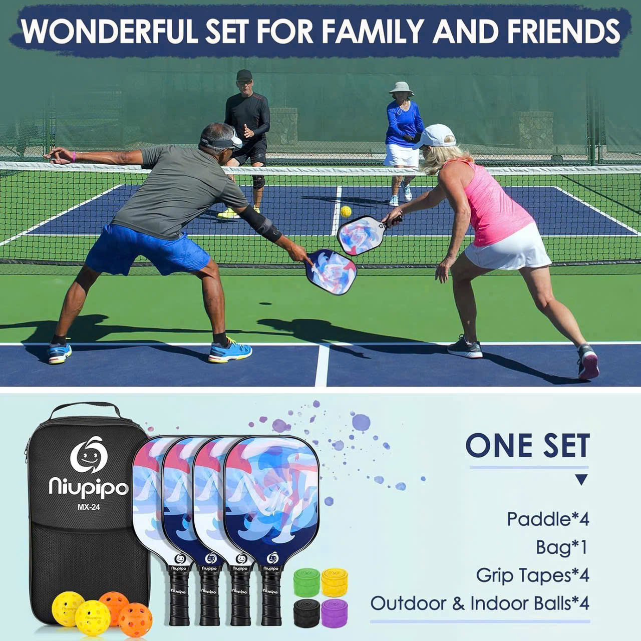 SÉT 4 VỢT PICKLRBALL NIUPIO THƯƠNG HIỆU MỸ hàng chính hãng