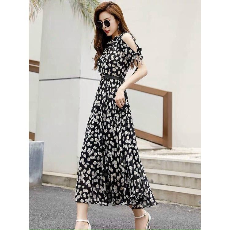 Đầm Maxi Hoa Cúc Thiết Kế Hở Vai Cột Dây, Cổ Nhún Bèo Xịn Sò, Tôn Dáng Yểu Điệu Thướt Tha, Sang Chảnh
