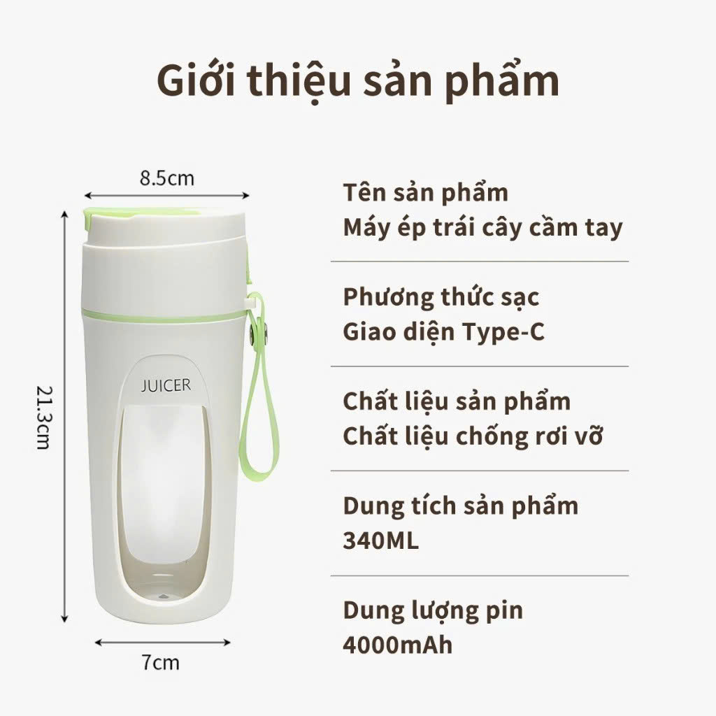 Máy Xay Sinh Tố Cầm Tay Mini 340ml Pin Sạc 4000mAh Type-C 8 Lưỡi Nghiền Đá Cốc Xay Hoa Quả Du Lịch - HÀNG CHÍNH HÃNG MINIIN