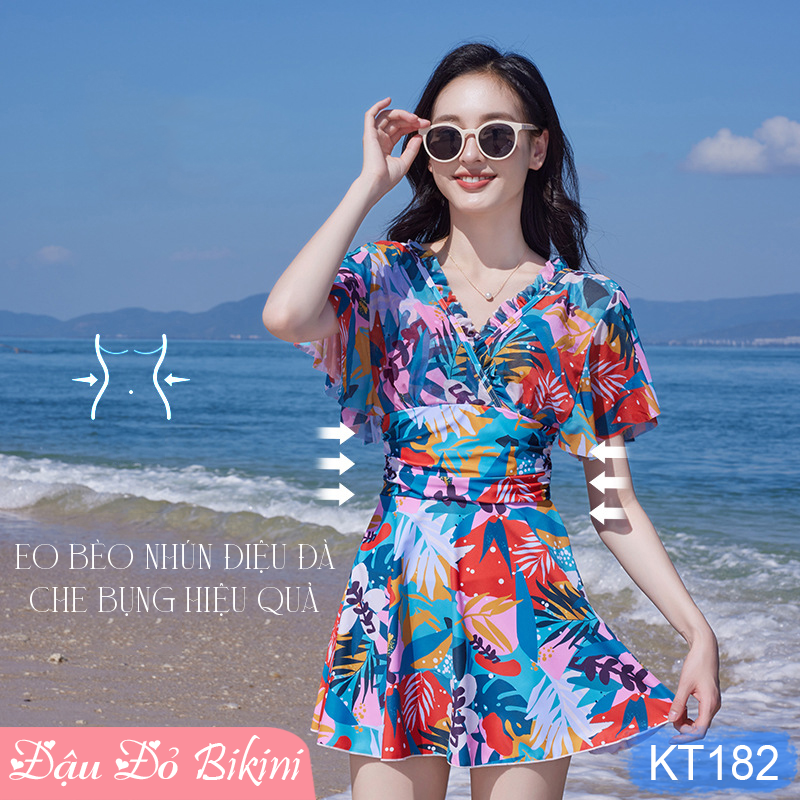 Bộ bơi liền thân nữ dáng váy quyến rũ, thun bơi đẹp co giãn 4 chiều thoáng mát, áo có sẵn gọng đệm, tôn dáng giấu bụng tốt | KT180