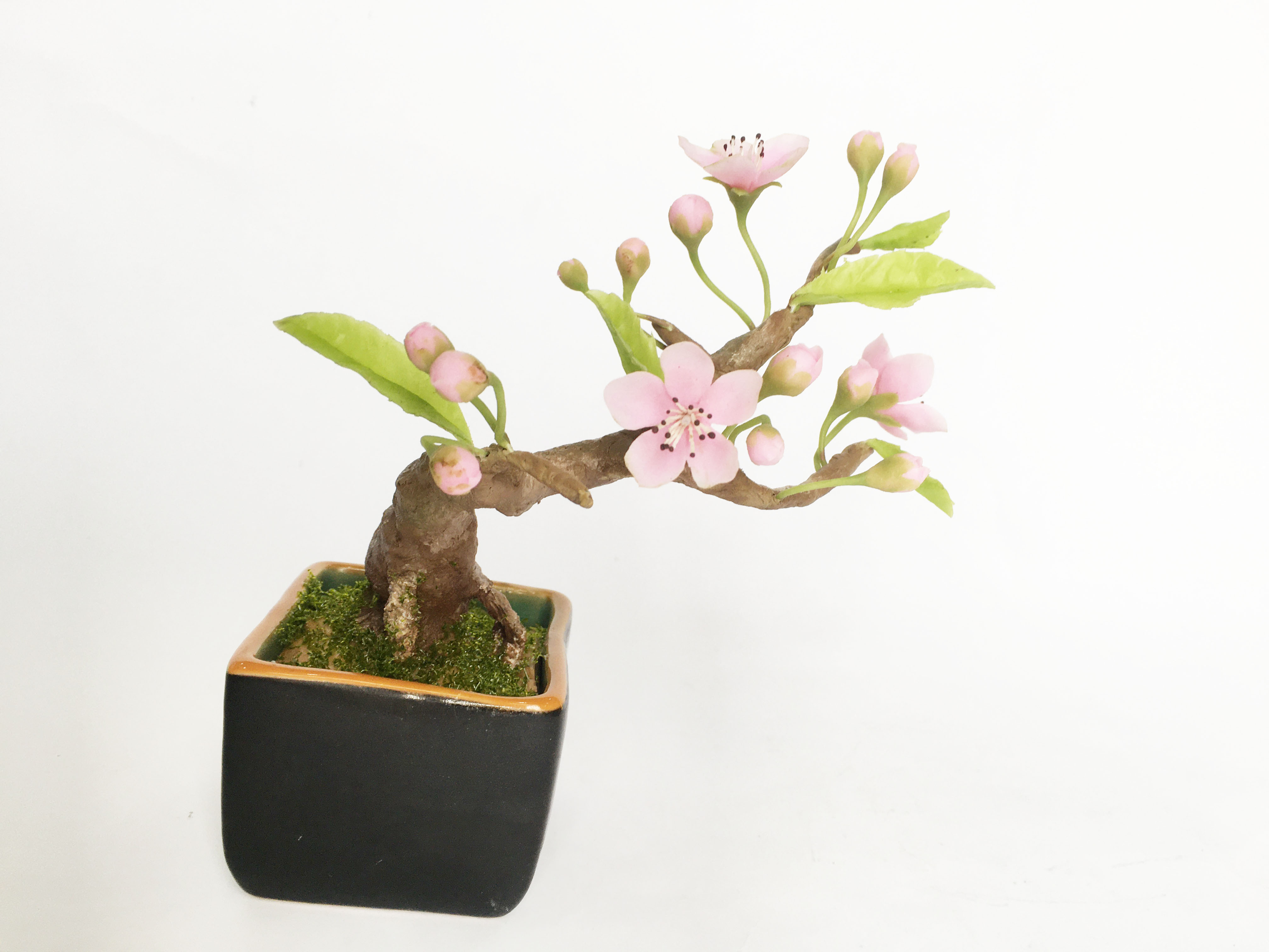 Chậu hoa đất sét mini- Bonsai hoa đào sakura - Quà tặng trang trí handmade (18x10x10cm)