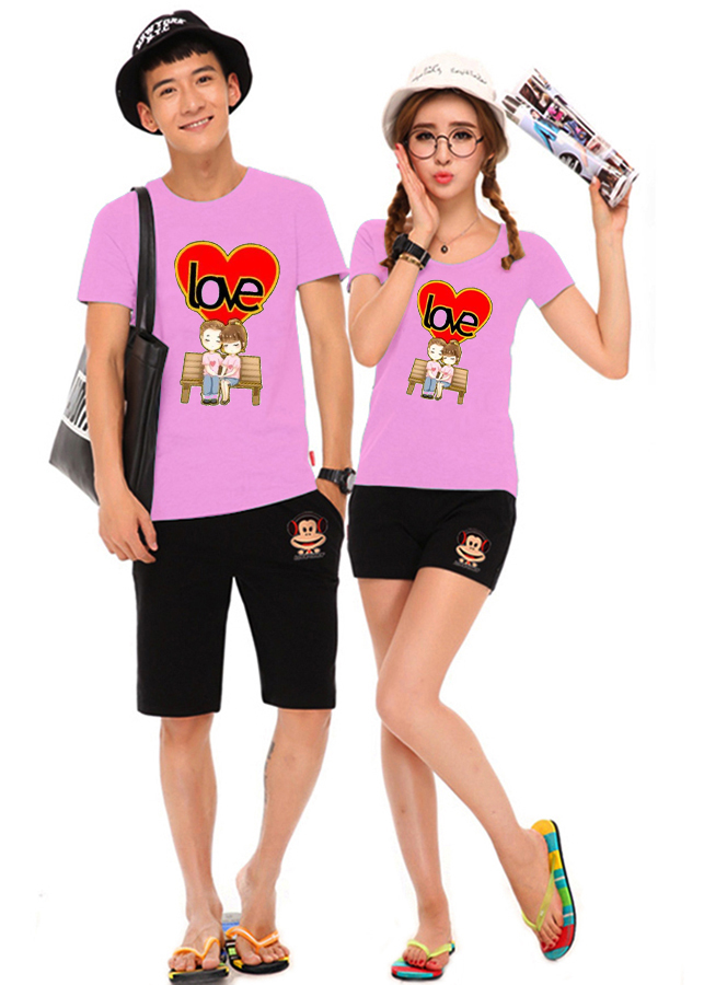 Bộ Áo Thun Đôi Nam Nữ Love Màu Hồng Phấn