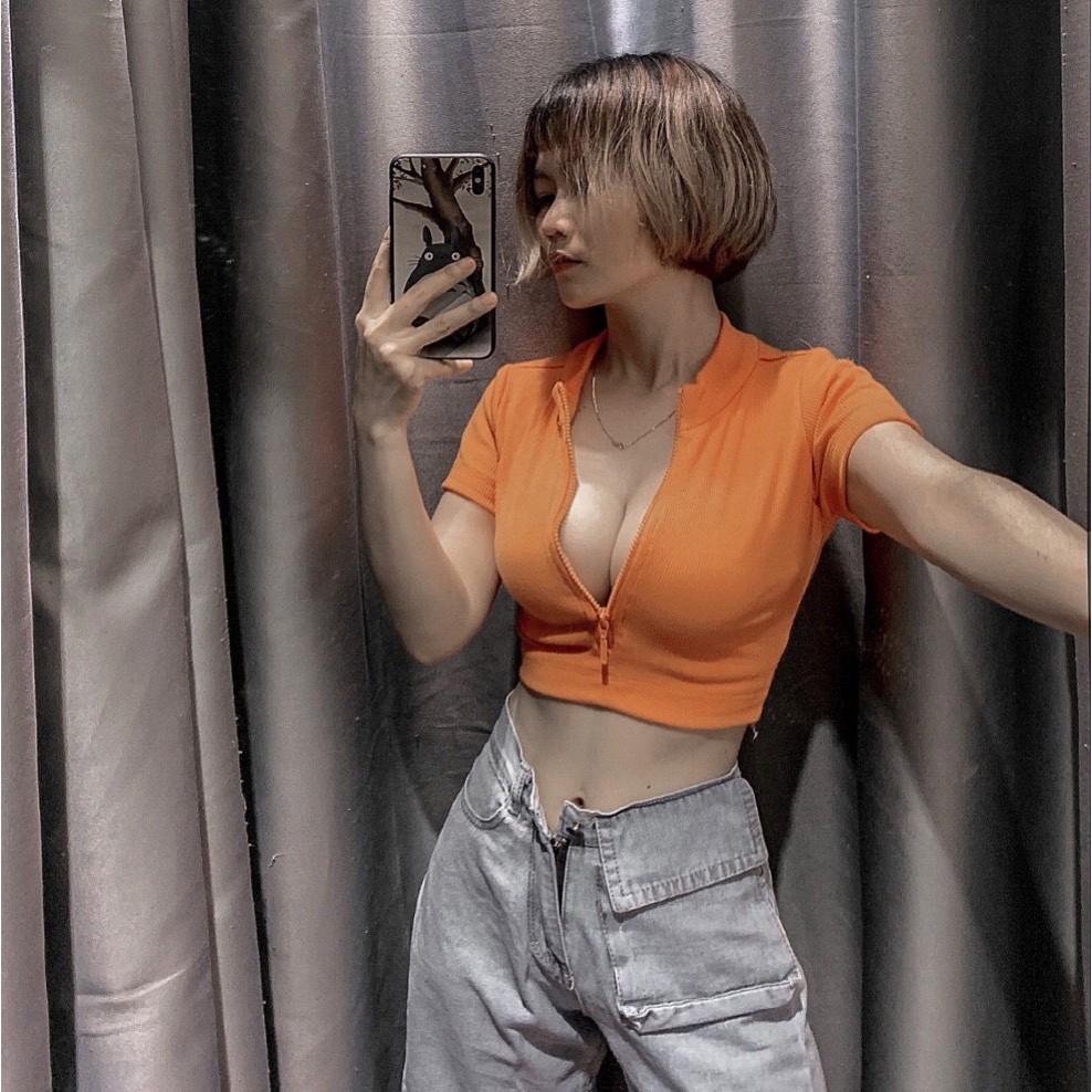 Áo thun croptop cổ bẻ kéo khóa JOY BABE thun xịn co giãn 4 chiều crop polo trơn basic cam xanh lá sáng da CRON 14 -4E