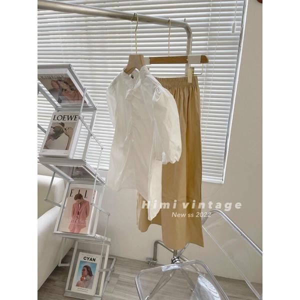 Set áo trắng rúm kèm cv dài be