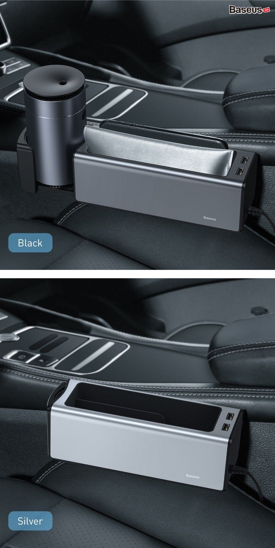 Ngăn chứa đồ tiện dụng tích hợp Dock sạc dùng trên xe hơi Baseus Deluxe Metal Armrest Console OrganizerHàng nhập khẩu