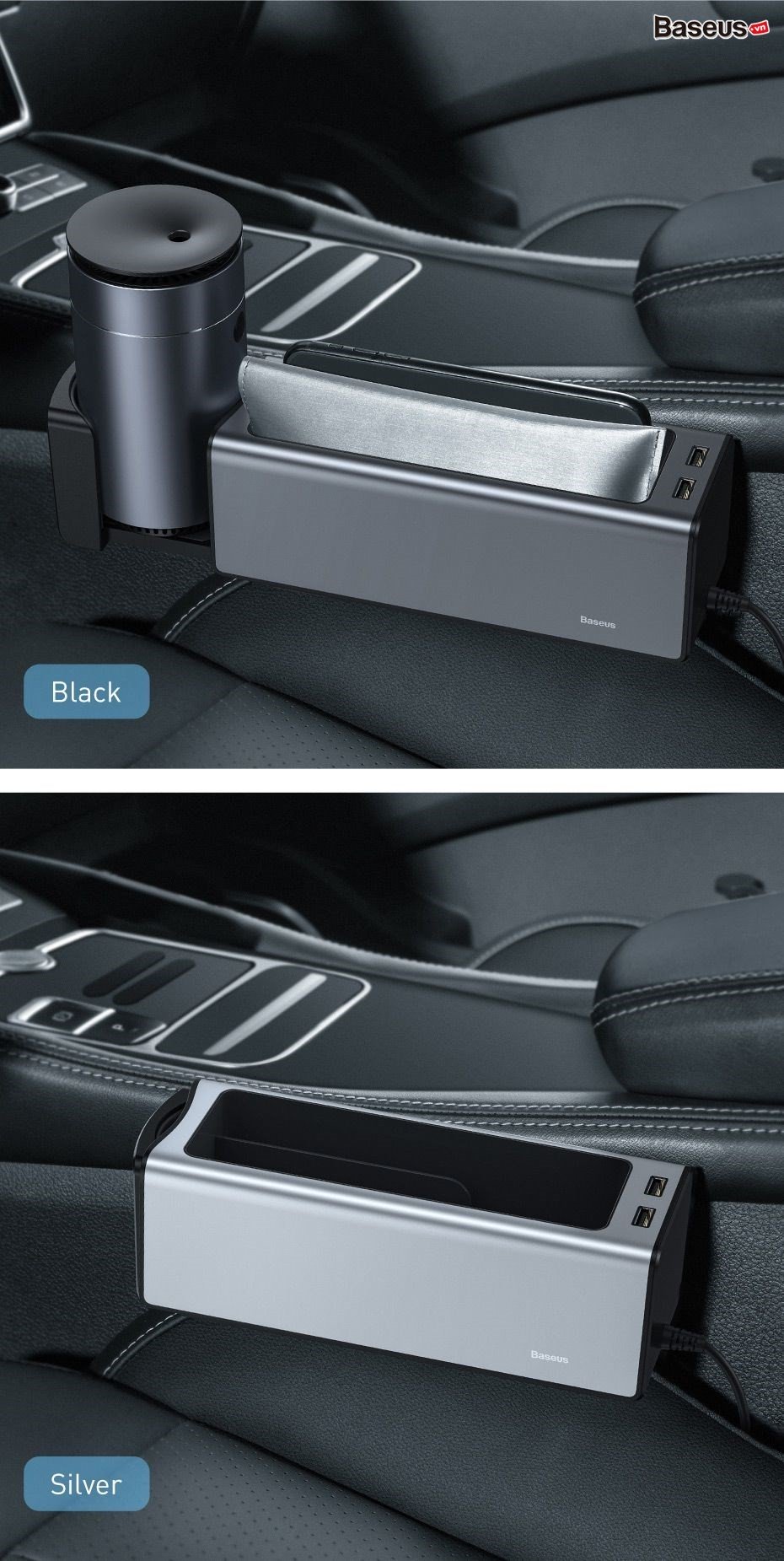 Ngăn chứa đồ tiện dụng tích hợp Dock sạc  dùng trên xe hơi Baseus Deluxe Metal Armrest Console Organizer(2 USB charging port, Cup holder for Car)Hàng nhập khẩu