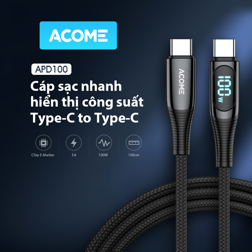 Cáp Sạc Nhanh Type-C To Type-C Hiển Thị Công Suất Acome APD100 Dài 100cm - Hàng chính hãng