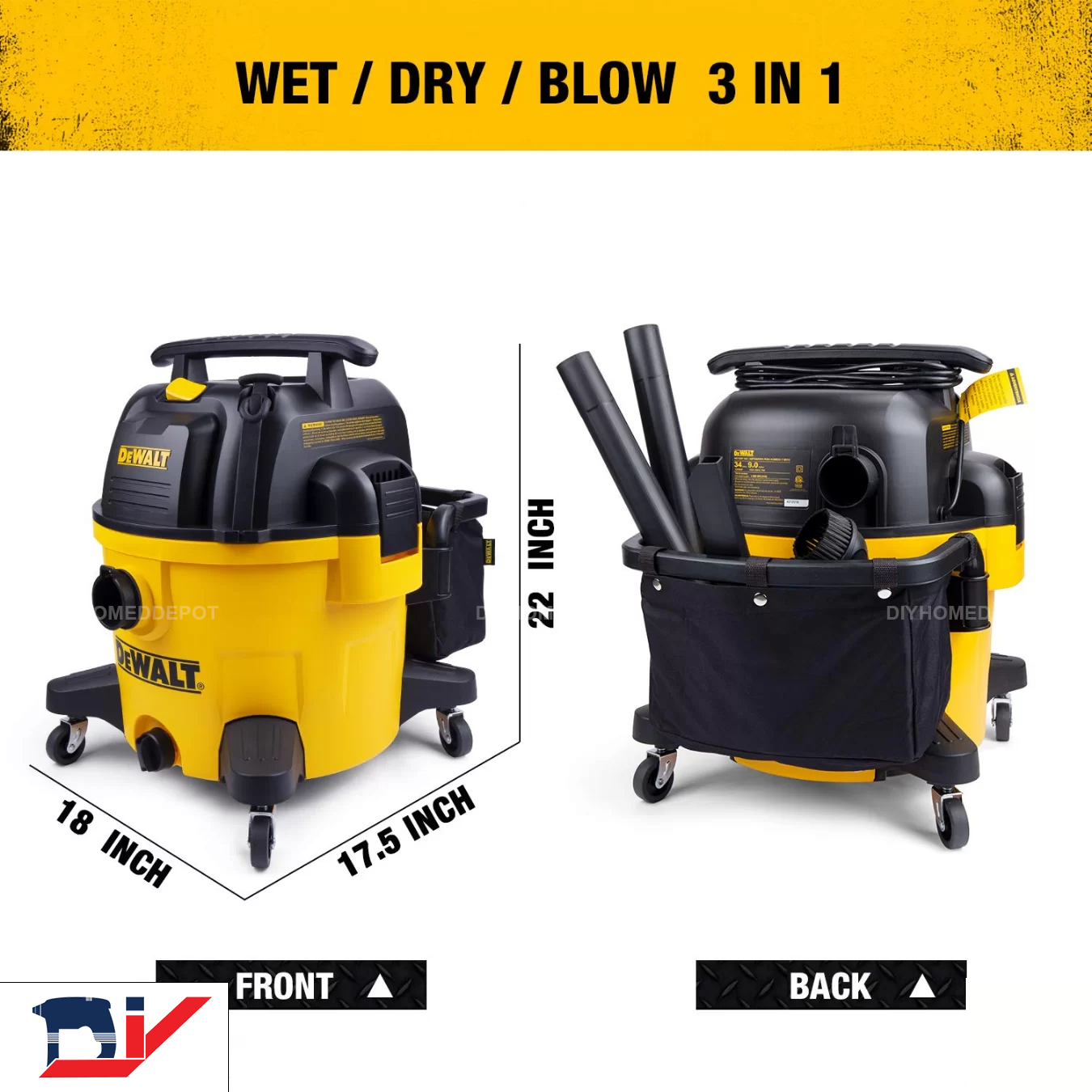 Máy hút bụi công nghiệp 3 chức năng ướt/ khô/ thổi 3750W(5HP) 34L Dewalt DXV34P - Hàng chính hãng