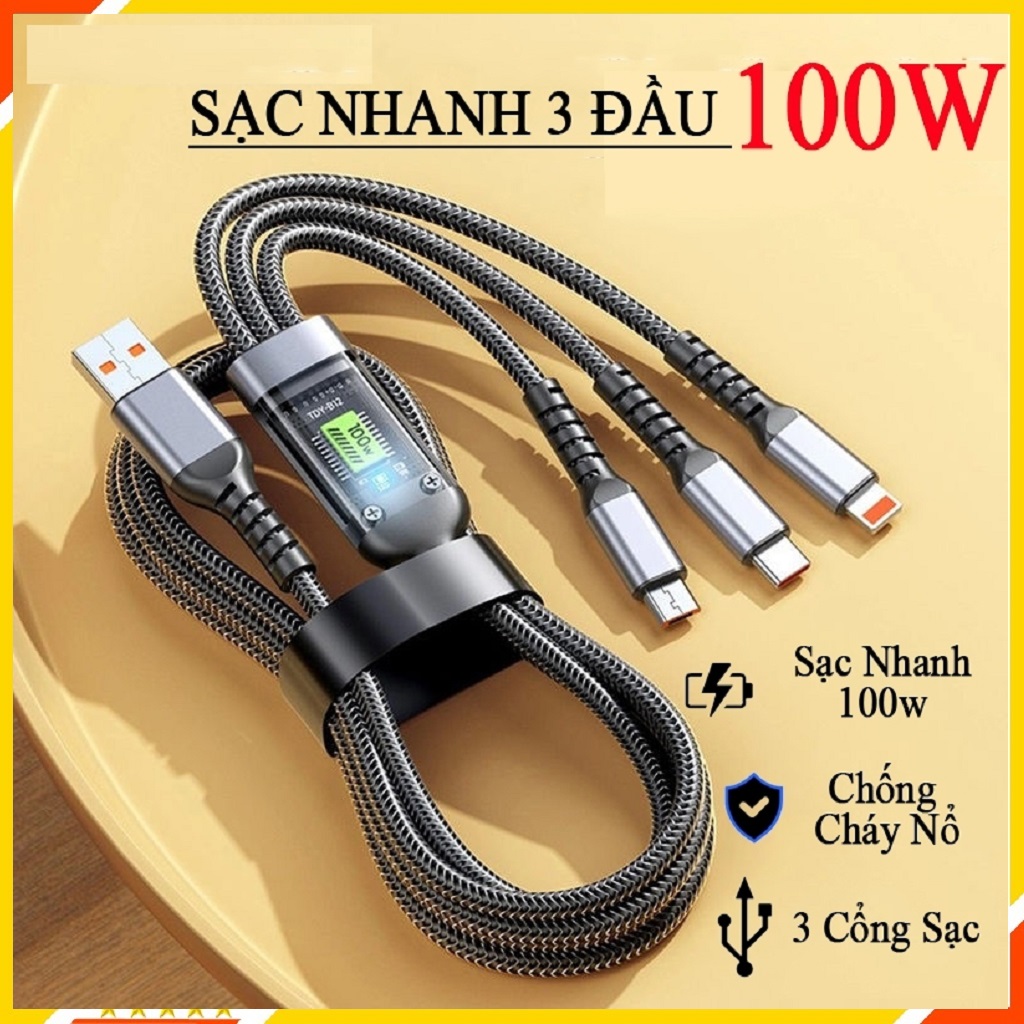 Dây Sạc 3 Đầu, Dây Sạc Nhanh 100W Với 3 Đầu Sạc Phù Hợp Với Nhiều Dòng Điện Thoại Dài Khoảng 1 Mét - Hàng Nhập Khẩu