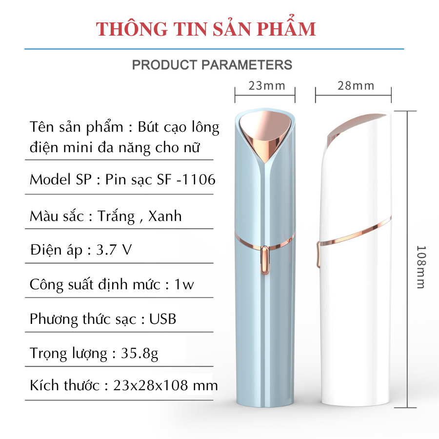 Bút cạo lông phụ nữ cao cấp BOORUI SF1106 - Máy cạo lông toàn thân, triệt lông thẩm mỹ cho phái đẹp an toàn cho da ,pin sạc USB thiết kế nhỏ gọn dễ dàng mang theo - Hàng loại 1
