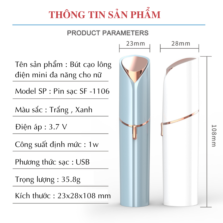 Bút cạo lông phụ nữ cao cấp BOORUI SF1106 - Máy cạo lông toàn thân, triệt lông thẩm mỹ cho phái đẹp  an toàn cho da ,pin sạc USB thiết kế nhỏ gọn dễ dàng mang theo - Hàng loại 1