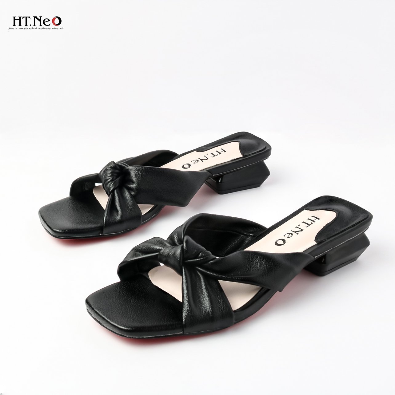 Sandal nữ HT.NEO gót vuông thiết kế đơn giản, trẻ trung, quai da thắt nơ, da cao cấp SDN68