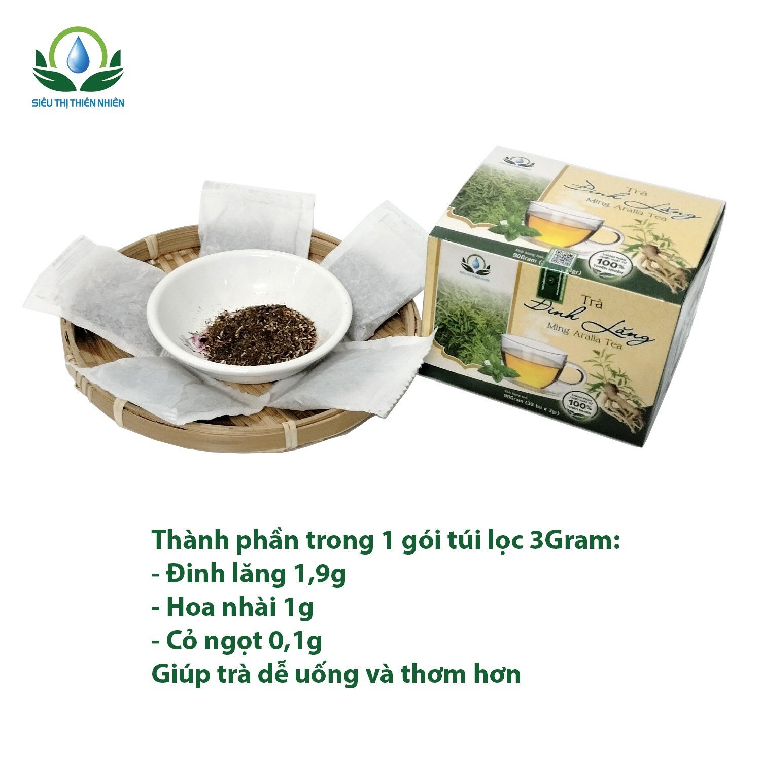 Trà Đinh Lăng hộp 30 Túi Lọc x 3Gram giúp giảm mệt mỏi, lo âu, stress, bớt đau nhức xương khớp của Siêu Thị Thiên Nhiên