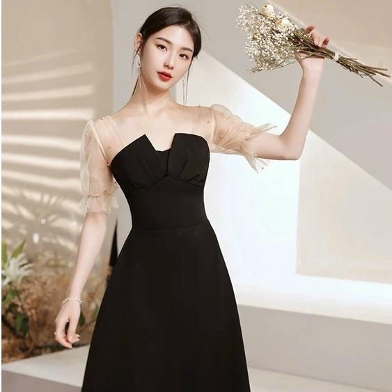 Đầm nữ dự tiệc cổ vuông tay ngắn phối ren màu đỏ đen dịp lễ tết nhẹ nhàng