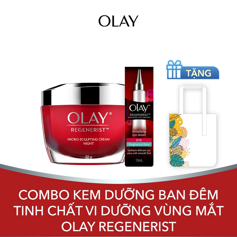 Combo Kem Dưỡng Ban Đêm Olay Regenerist 50g + Tinh Chất Vi Dưỡng Vùng Mắt Olay Regenerist 15ml [Tặng Túi Tote Thiết Kế Mới]