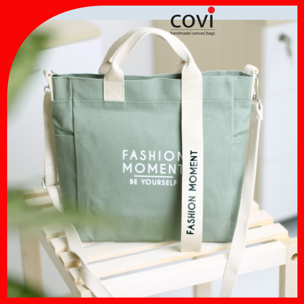 Túi vải Hàn Quốc, túi đeo chéo vải canvas phối chữ fashion moment thời trang Covi nhiều màu sắc T11-M-Màu Xanh Đậu