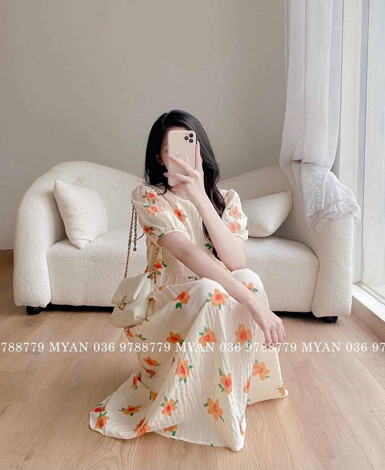Đầm babydoll hoa cam tay phồng tiểu thư - đầm suông hoa
