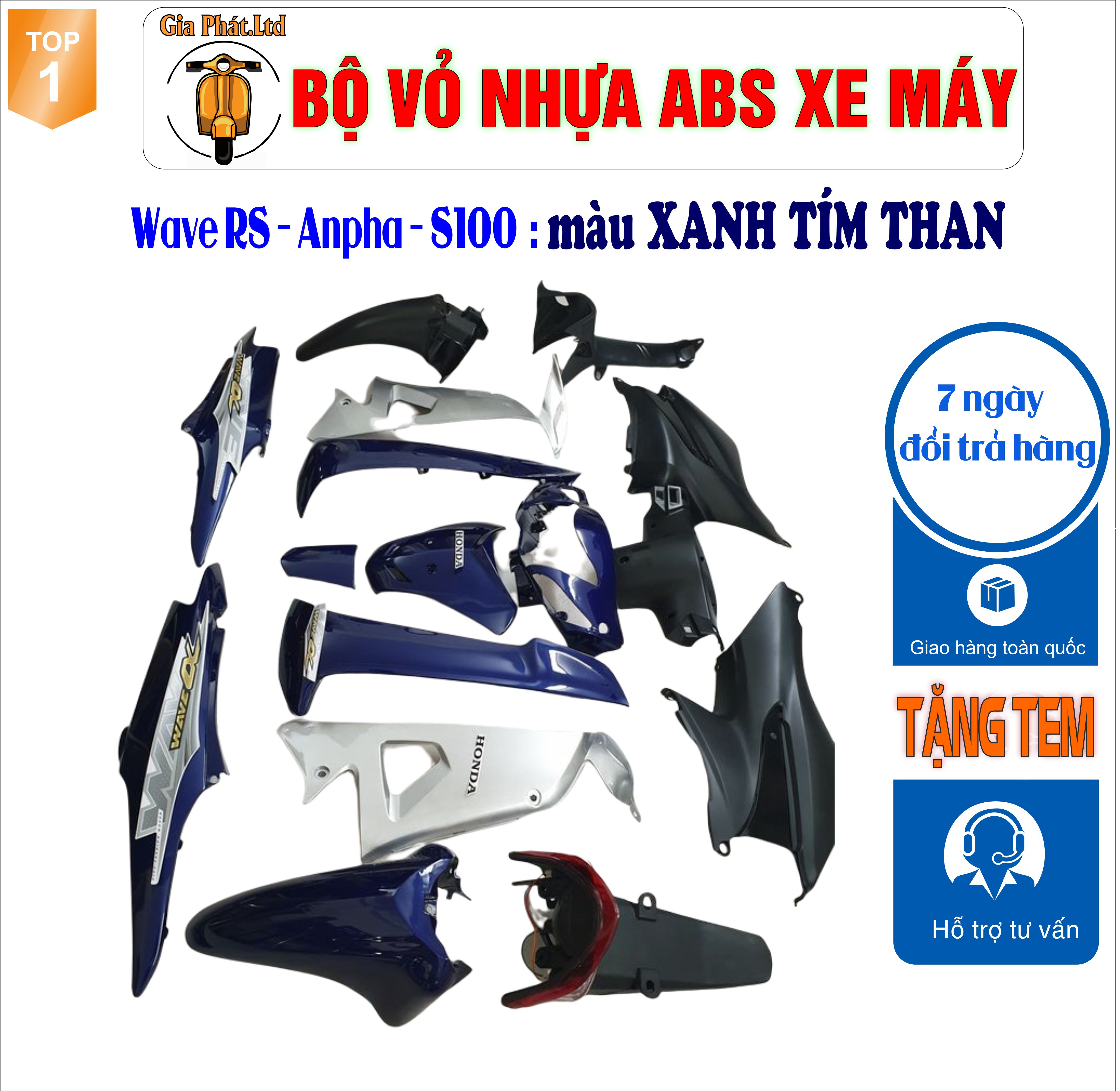 [Tặng tem] Dàn áo màu Xanh Tím Than gắn xe Wave RS - wave alpha - wave s100, nhựa ABS nguyên sinh _TKB-988(8286)