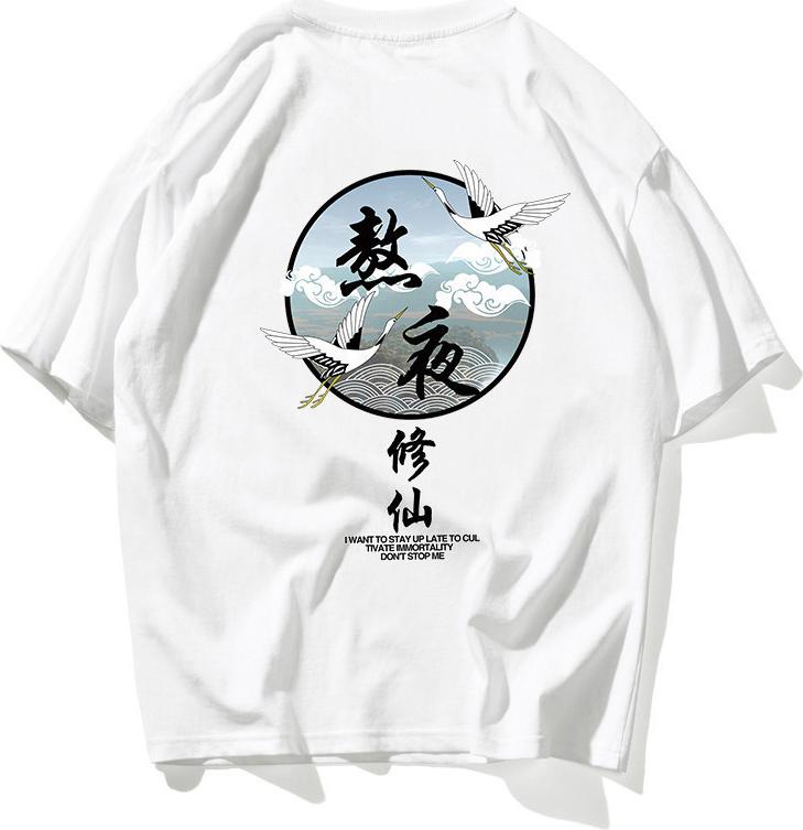 Áo phông cổ trang hình chim hạc Street Style Unisex