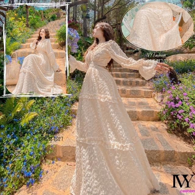 Đầm váy maxi lông lót lụa nude kem trắng tay dài cổ V Ivy.fashion đi biển dự tiệc dạo phố bigsize gợi cảm sexy