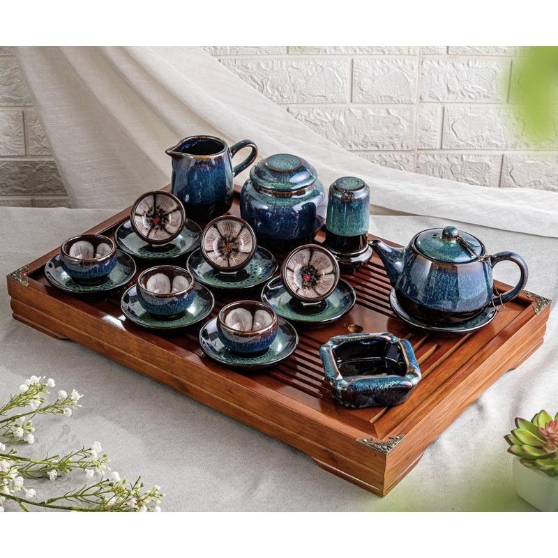 Bộ ấm chén lòng hoa + Phụ kiện, men hỏa biến. Hàng nghệ nhân gốm sứ Bát Tràng.