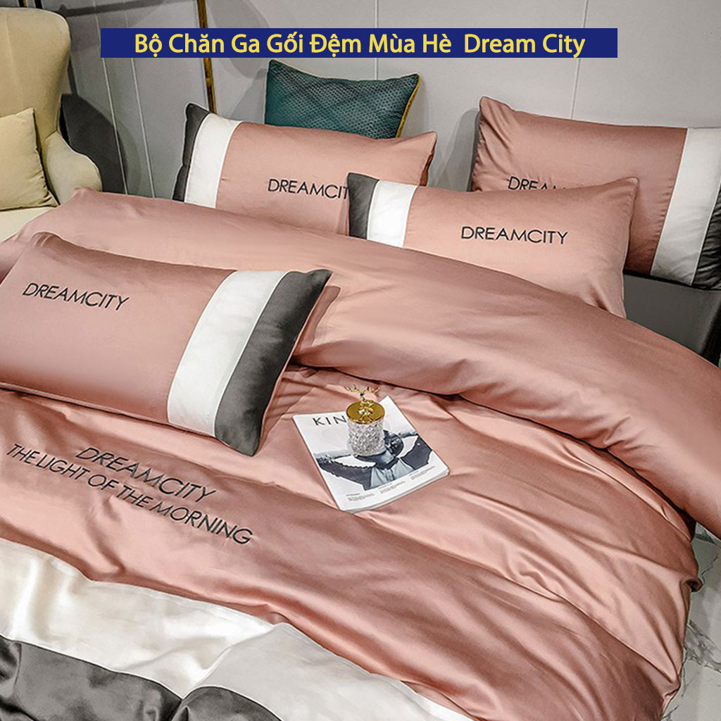Bộ Chăn Ga Gối Đệm Mùa Hè Dream City Drap Giường Phi Bóng Cao Cấp Bo Chun Drap