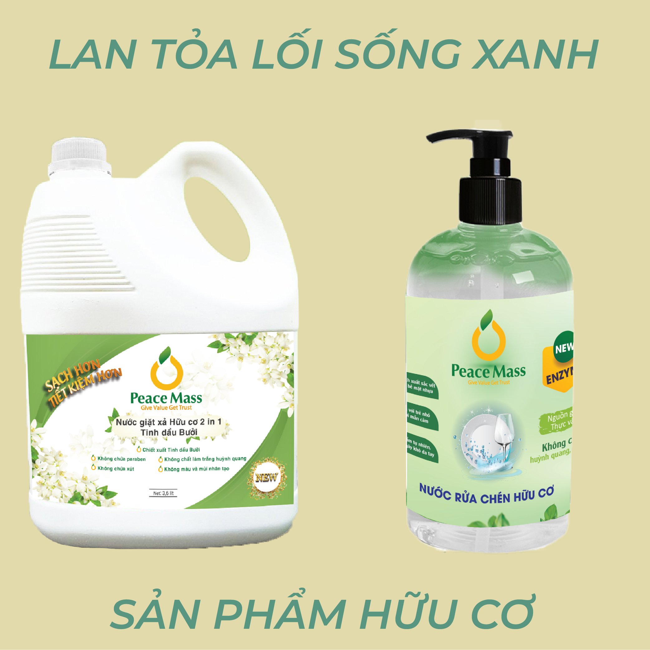 Combo Gốc Thực Vật NGB1 Peace Mass Nước Giặt Xả 2 in 1 3.6 lít + Nước Rửa Chén 500ml