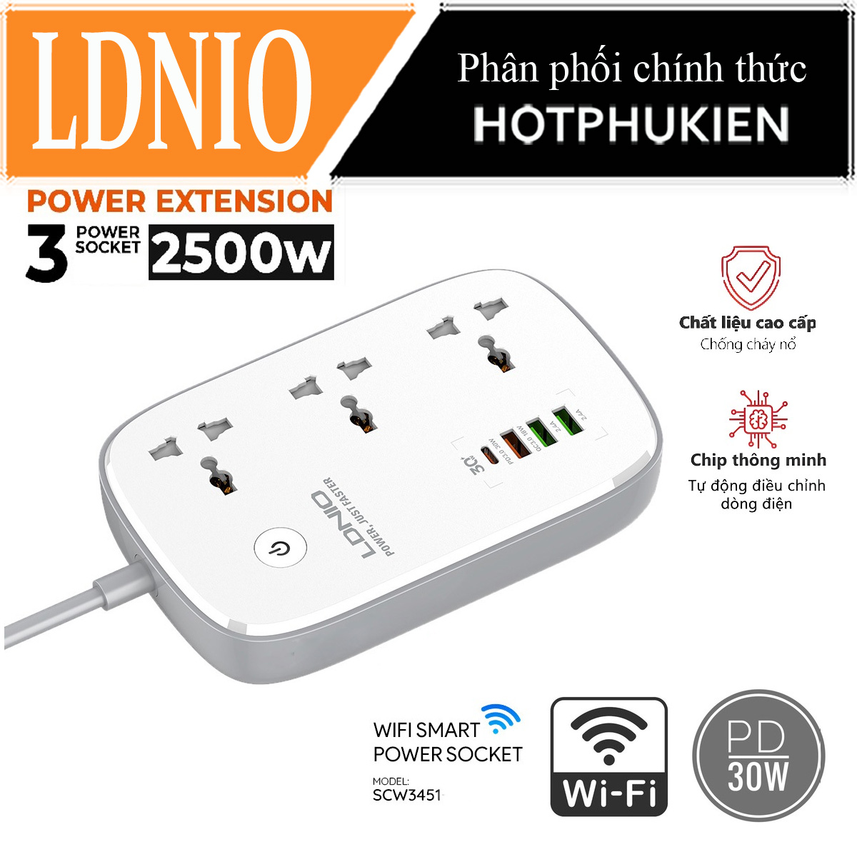 Ổ cắm điện đa năng 7 in 1 max 2500W điều khiển thông minh qua kết nối Wifi trang bị 3 ổ cắm 3 chân, 1 Type-C chuẩn PD 3.0 30W, 1 USB-A QC 3.0 18W, 2 USB-A 12W  hiệu LDNIO SCW3451  - chip sạc thông minh, chống cháy nổ - hàng nhập khẩu