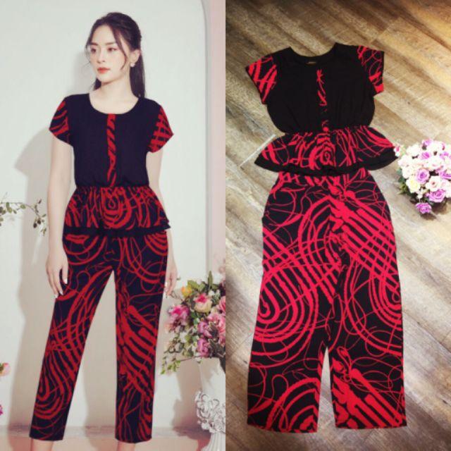 Set nguyên bộ quần lửng áo peplum phối họa tiết xinh