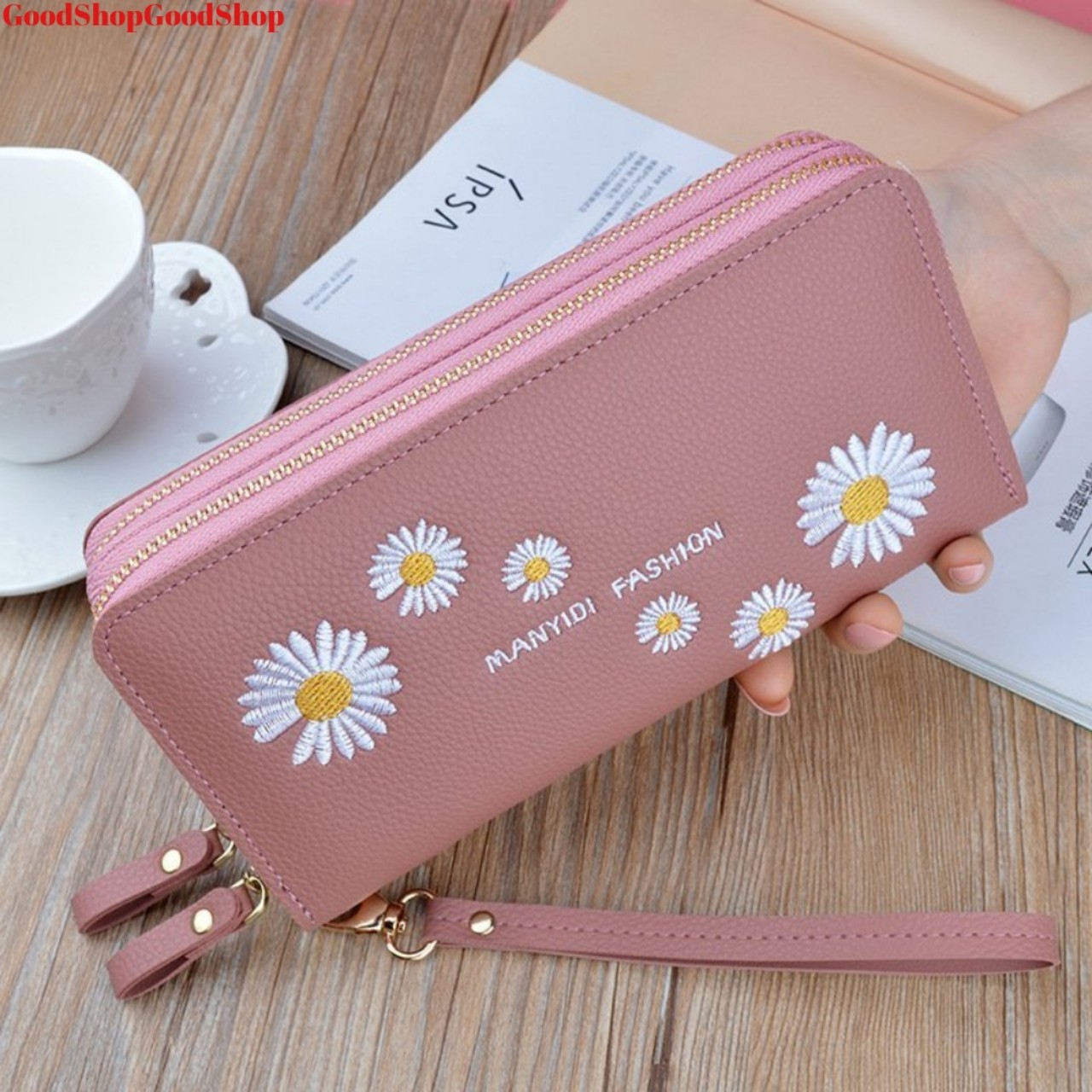 Ví nữ dài cầm tay 2 ngăn khóa kéo G0129 với nhiều ngăn tiện dụng chất liệu da cao cấp siêu bền phối hoạ tiết hoa cúc cực đẹp