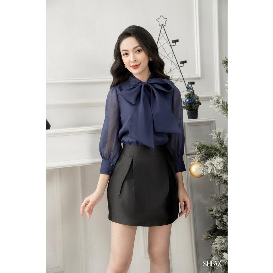 SHEAZ Áo Sơ Mi Tơ Xanh Nước Biển Cổ Nơ Tay Lỡ Phong Cách Hàn Quốc