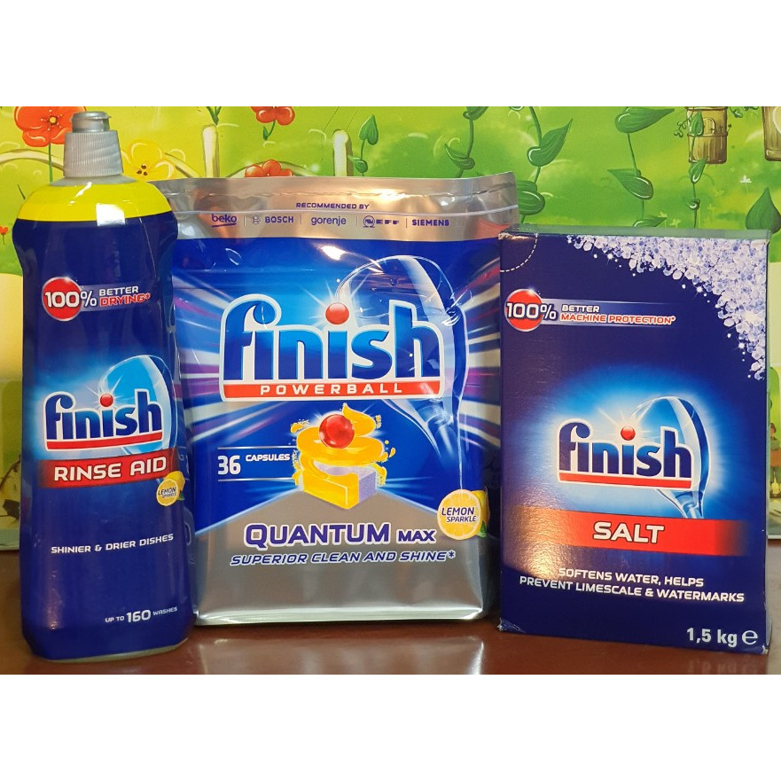 Bộ gồm viên rửa bát finish quantum 36 viên+nước làm bóng bát finish 800ml+muối rửa bát finish 1,5kg