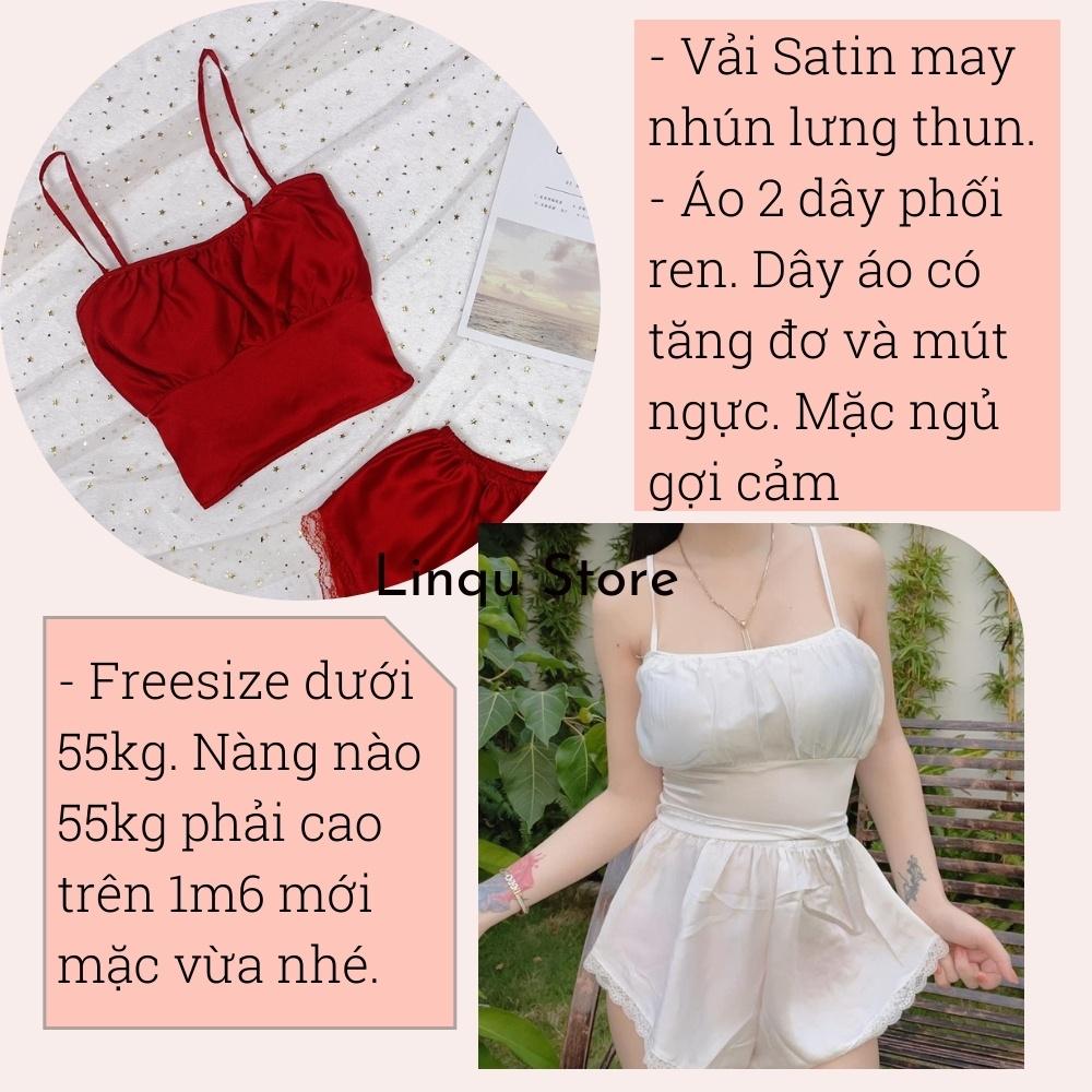 Đồ Ngủ Sexy Hai Dây Nữ Áo Có Mút Ngực Quần Đùi Satin Freesize