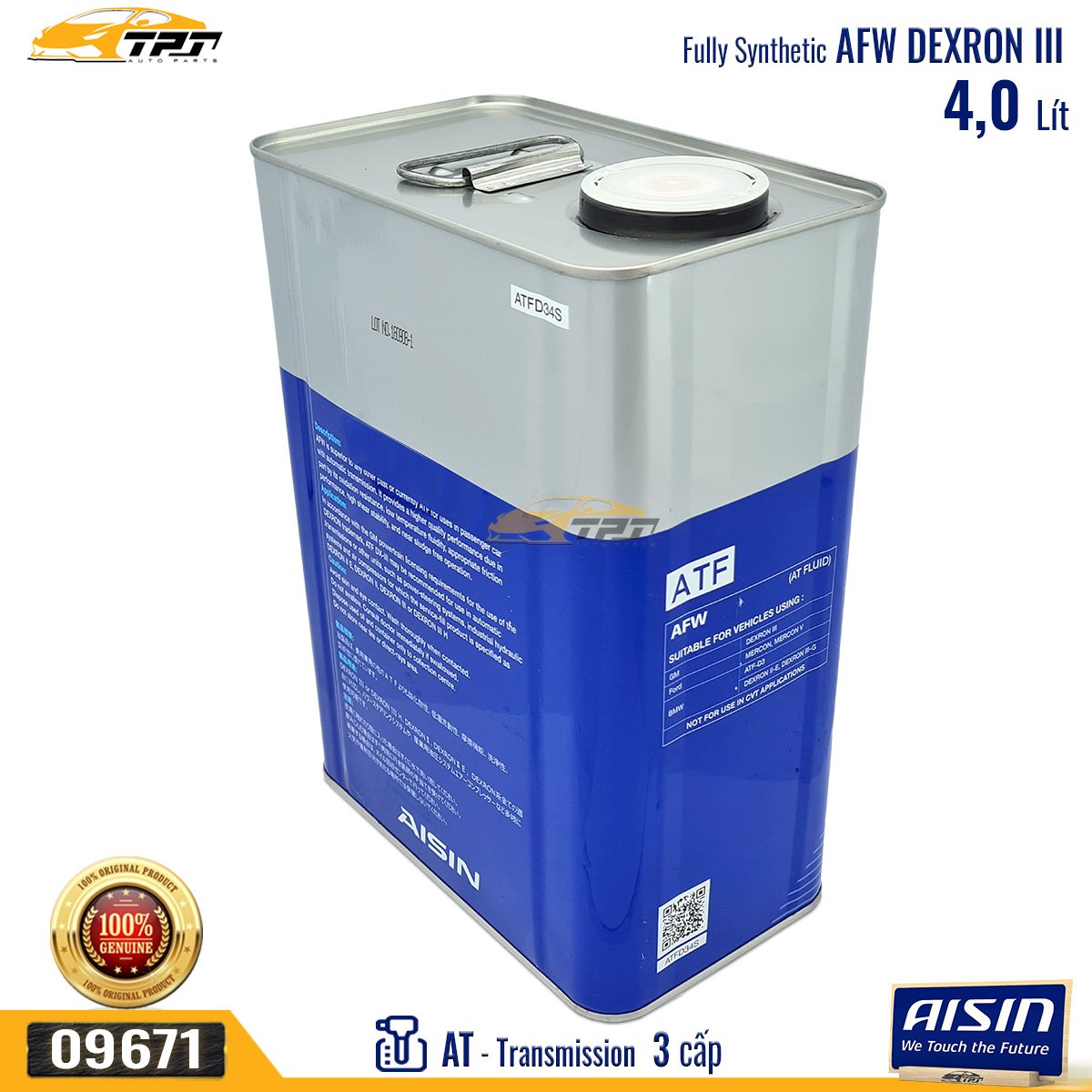 Nhớt Hộp Số Tự Động 3 Cấp AFW DEXRON III (4 Lít) ATFD34S AISIN - Japan