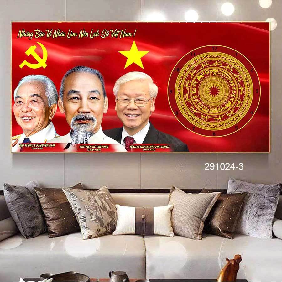 Tranh đồng hồ tráng gương Bác Hồ Bác Trọng Bác Giáp 2 trang trí decor kèm đinh