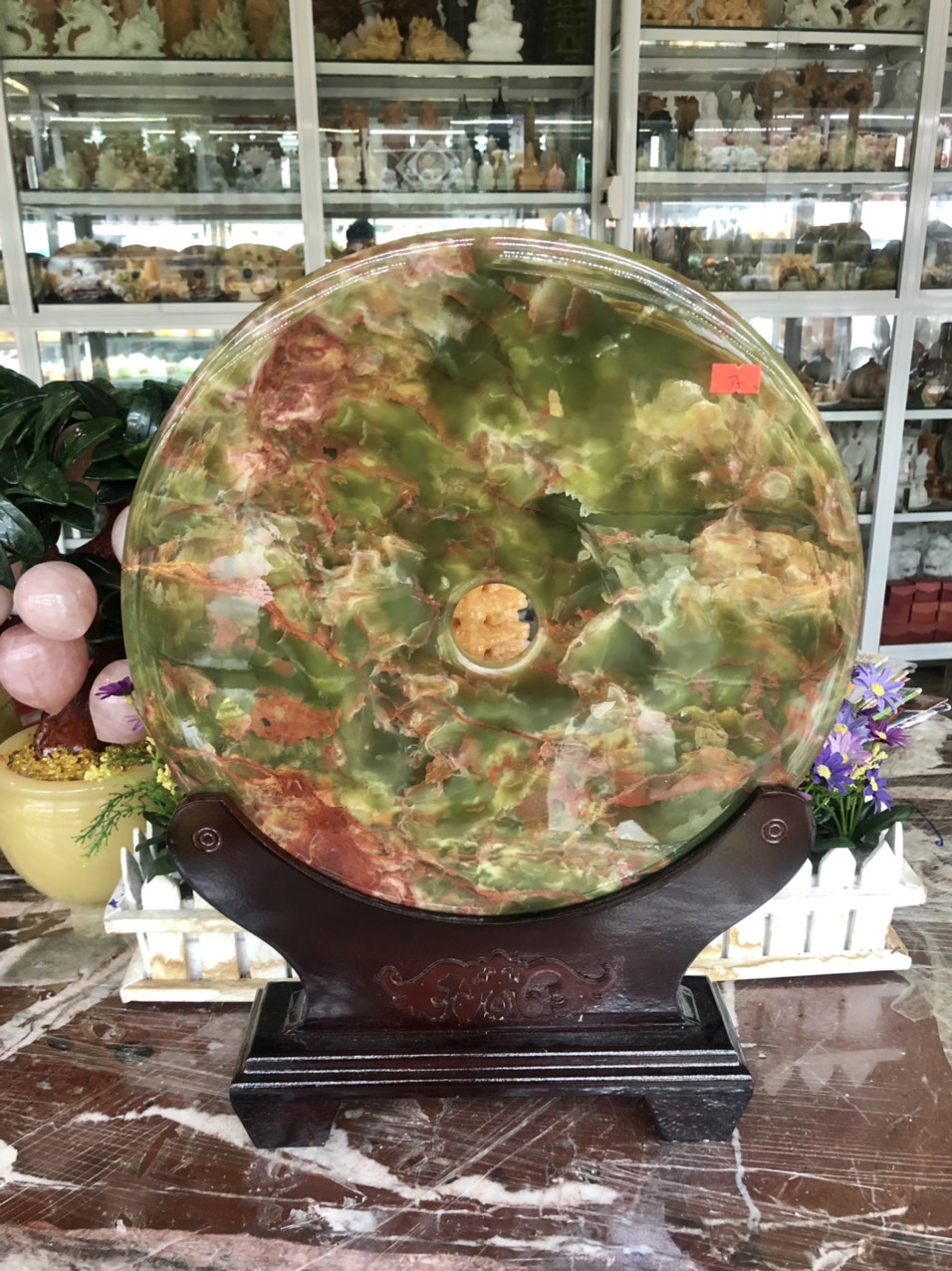Đồng điếu phong thủy đá ngọc Onyx xanh đậm - Đường kính 35 cm