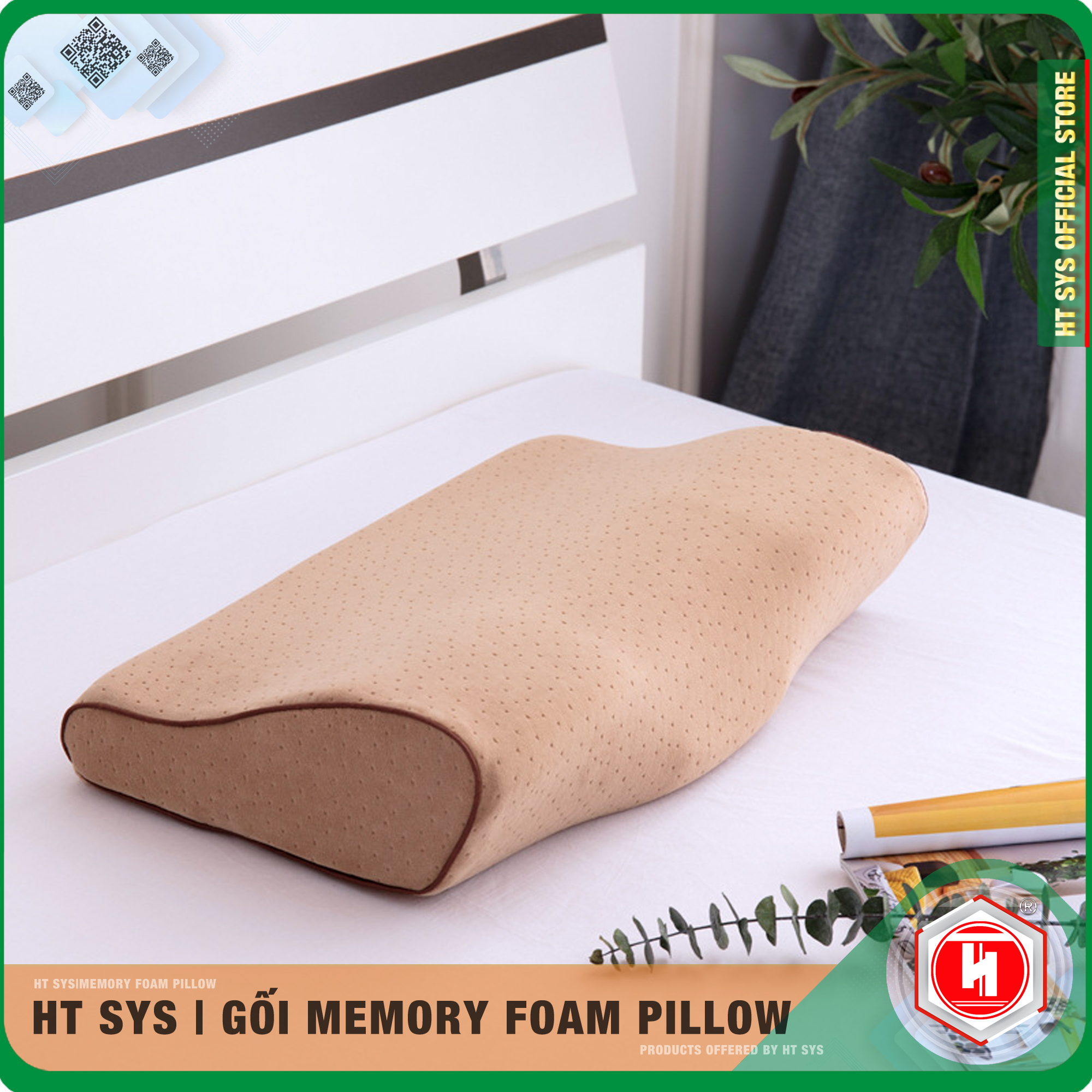 Gối Ngủ Cao Su Non Memory Foam Pillow HT SYS - Vạn Phúc - Gối Ngủ Trị Liệu - 50cmx30cm - Đem đến những giấc mơ tuyệt đẹp - Nâu