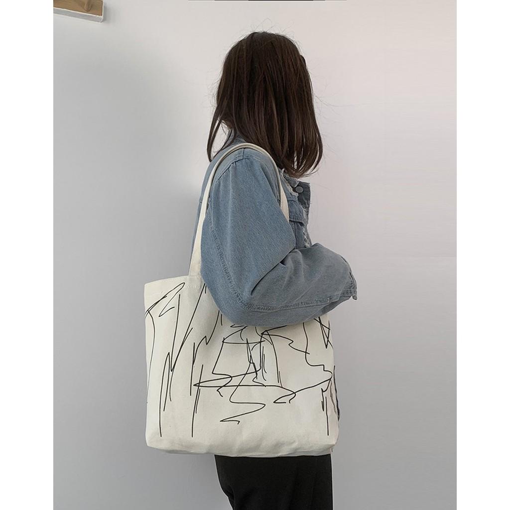 Túi tote túi vải canvas phong cách Hàn quốc, có khóa miệng ngăn phụ bên trong tiện dụng