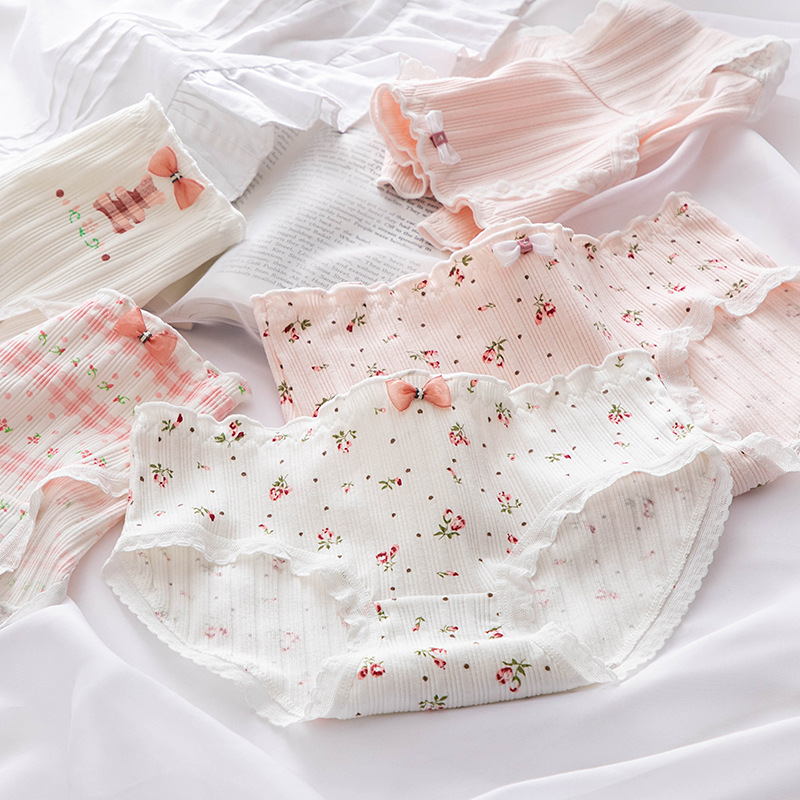 Set 5 Quần lót cotton nữ viền ren cạp nhún họa tiết hoa dễ thương QLN38