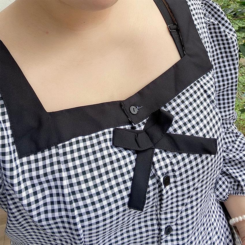 Áo bigsize caro cổ vuông nơ ngực chubbybigsize