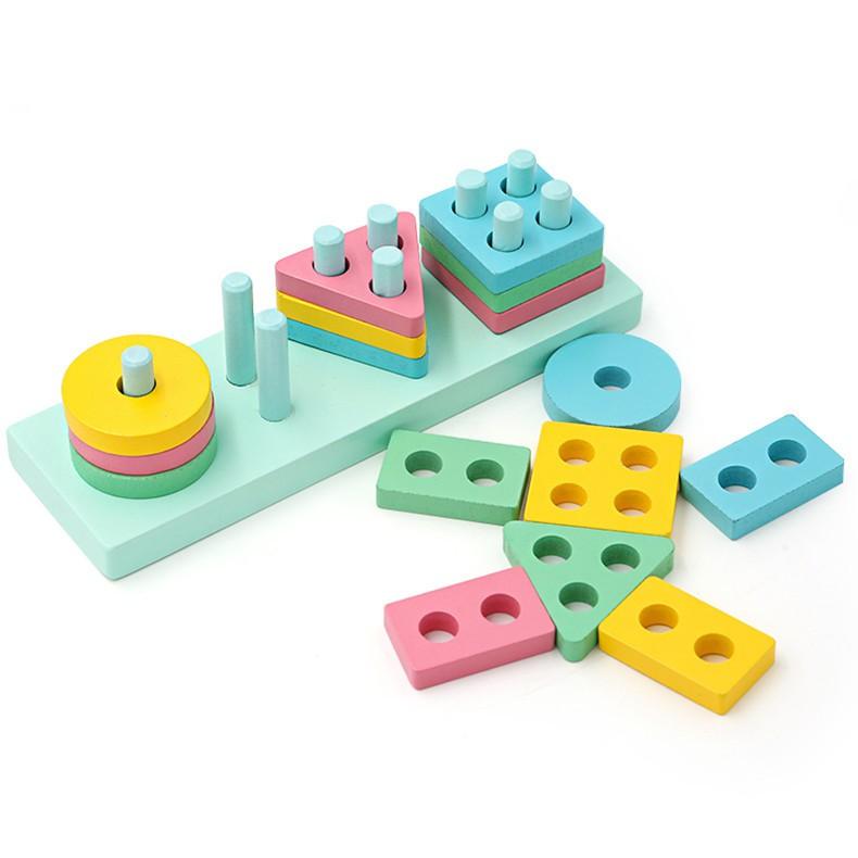 Đồ chơi gỗ Montessori thả hình 4 coc cho bé phát triển kỹ năng cơ bản