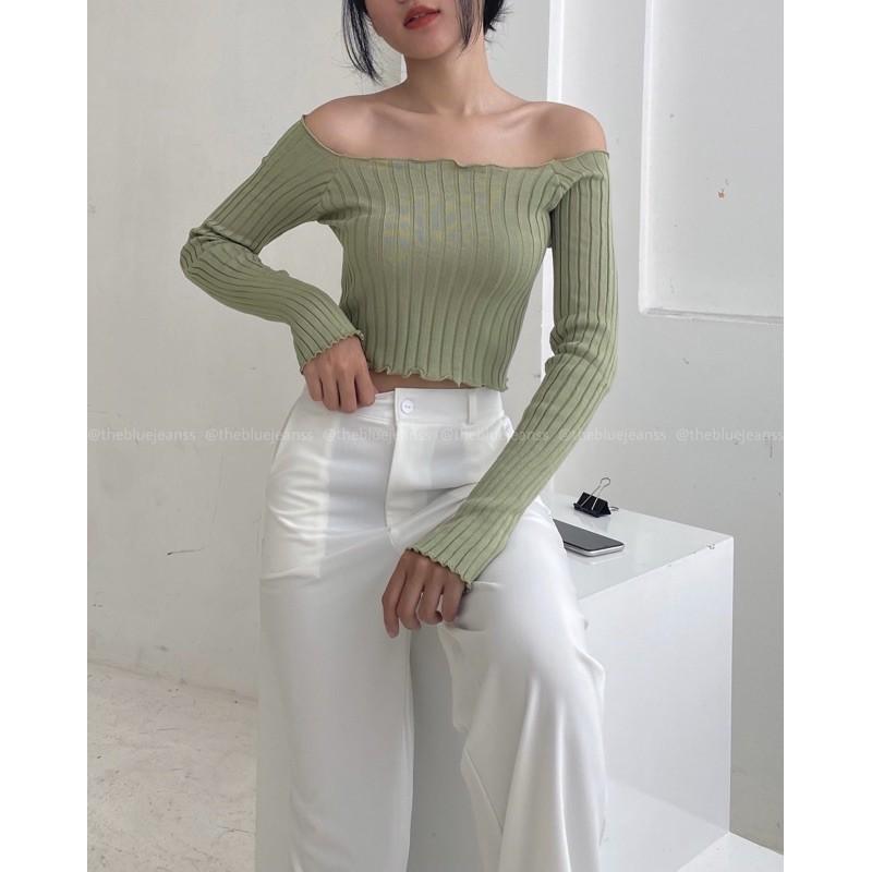 Áo Crop Top Tay Dài Trễ Vai Cuốn Hút, Nữ Tính