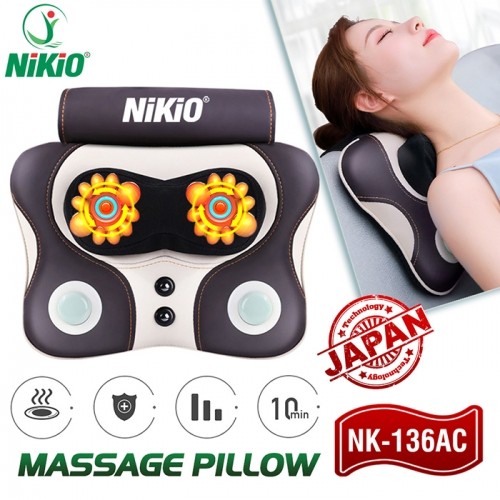 Máy (Gối) Massage Đấm Bóp Cổ Vai Gáy Nikio NK-136AC - Con Lăn 3D Xoa Bóp Chuyên Sâu Kết Hợp Hồng Ngoại Trị Liệu Đau Mỏi Cổ, Hỗ Trợ Mát Xa Lưng - Tặng Kèm Cáp Dùng Trên Ô Tô