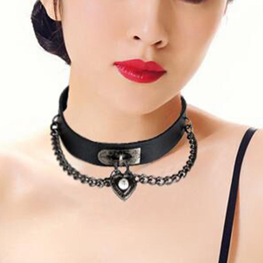 Vintage Black Fashion PU Choker Necklace Love Heart Alloy Pendant Collar