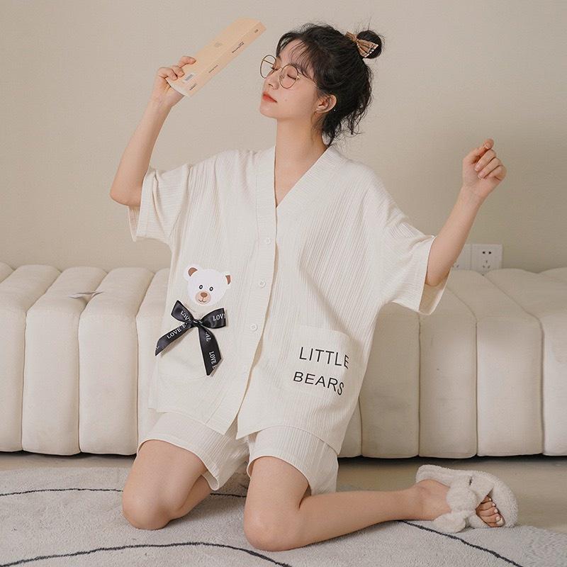 Bộ Ngủ Cộc Tay Quần Sooc Cotton- Đồ Ngủ Cổ V Cài Khuy Mềm Mại Hàng Loại Đẹp