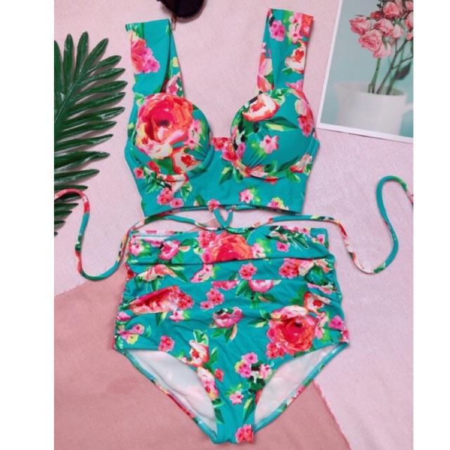 Bikini đi biển thu lạnh- đồ bơi nữ bông đỏ nền xanh siêu đẹp